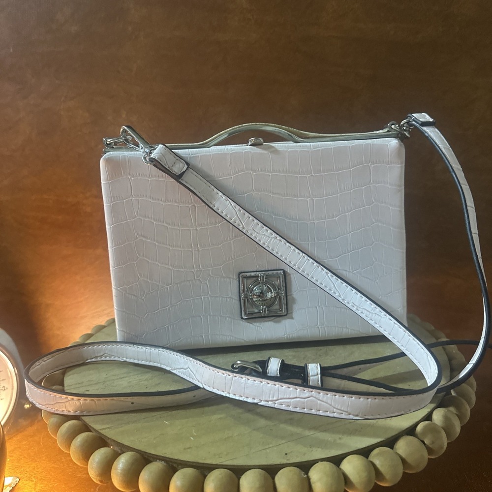 CATHERINE MALANDRINO Hard Case Frame Crossbody Purse Light Pink Faux Croc